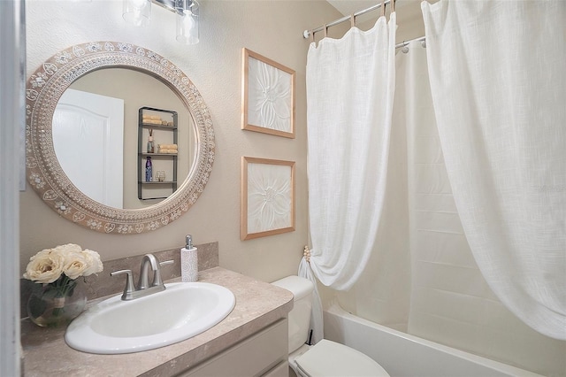 full bathroom with vanity, toilet, and shower / bath combo with shower curtain