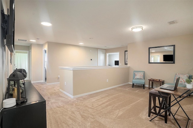 living area featuring light colored carpet