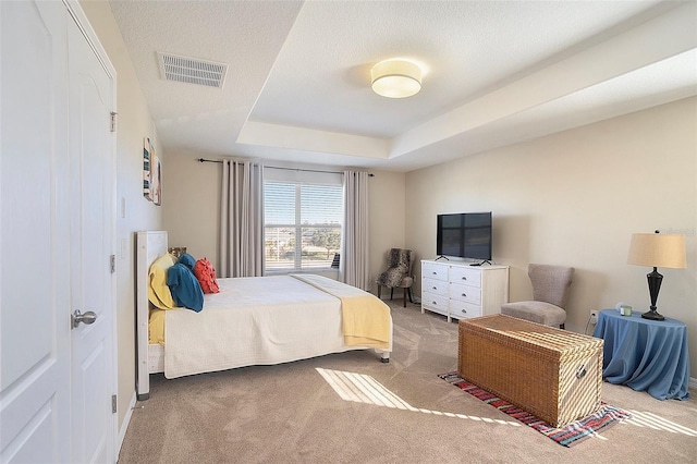 bedroom featuring carpet, a textured ceiling, and a raised ceiling