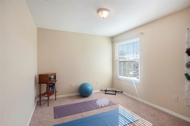 exercise area with carpet and a textured ceiling