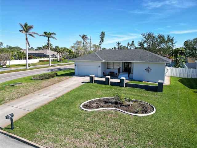 view of front of property with a front yard and a garage