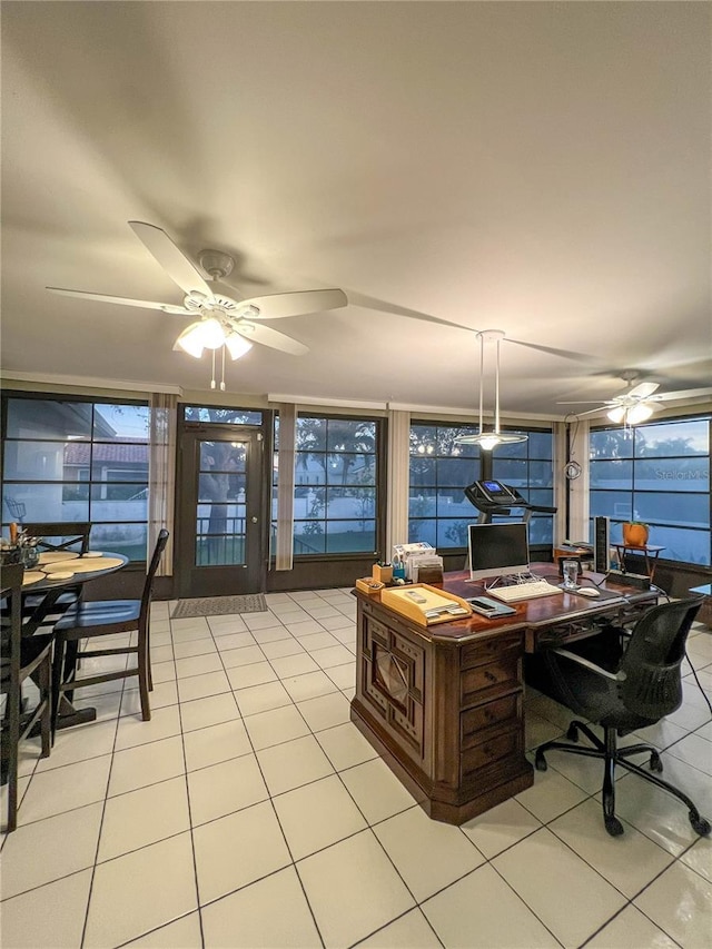 office area featuring ceiling fan and light tile patterned floors