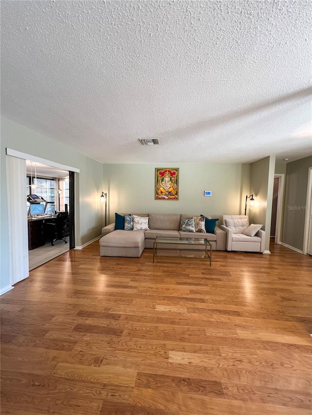 living room with a textured ceiling and hardwood / wood-style floors