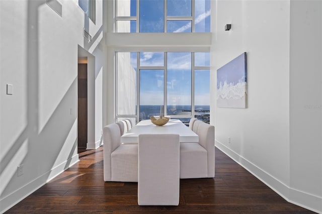 dining space featuring a towering ceiling and dark hardwood / wood-style floors