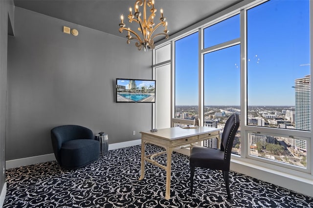 home office with a chandelier