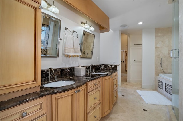 bathroom with separate shower and tub, tile patterned flooring, and vanity