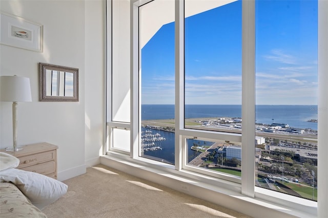 bedroom featuring a water view and light colored carpet