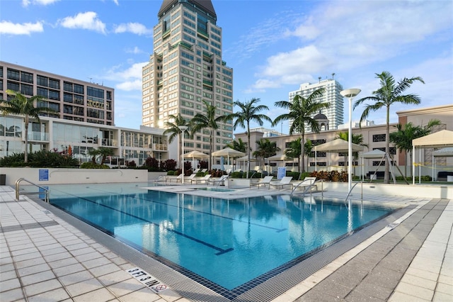 view of swimming pool with a patio