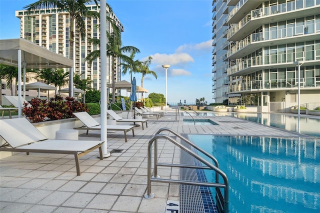 view of swimming pool with a patio