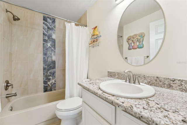 full bathroom with vanity, toilet, and shower / bathtub combination with curtain