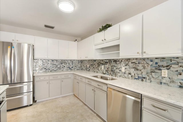 kitchen with decorative backsplash, white cabinetry, sink, and appliances with stainless steel finishes