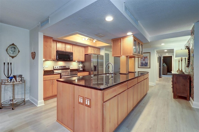 kitchen featuring a textured ceiling, light hardwood / wood-style floors, stainless steel appliances, and an island with sink