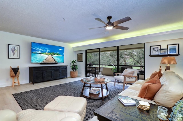 living room with ceiling fan, light hardwood / wood-style floors, and a textured ceiling