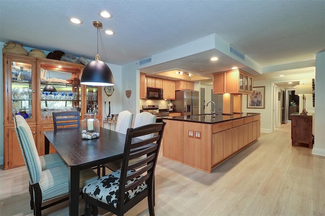 kitchen with appliances with stainless steel finishes, a textured ceiling, sink, pendant lighting, and light hardwood / wood-style floors