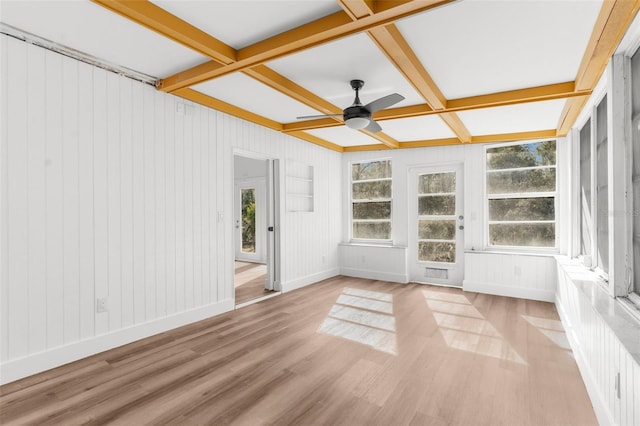 unfurnished sunroom featuring beamed ceiling, ceiling fan, and coffered ceiling