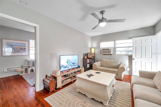 living room featuring a baseboard heating unit, dark hardwood / wood-style floors, ceiling fan, and cooling unit