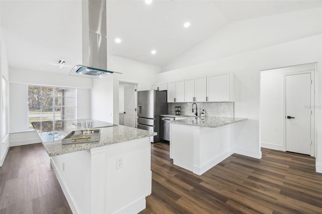 kitchen with white cabinetry, island exhaust hood, appliances with stainless steel finishes, and light stone counters