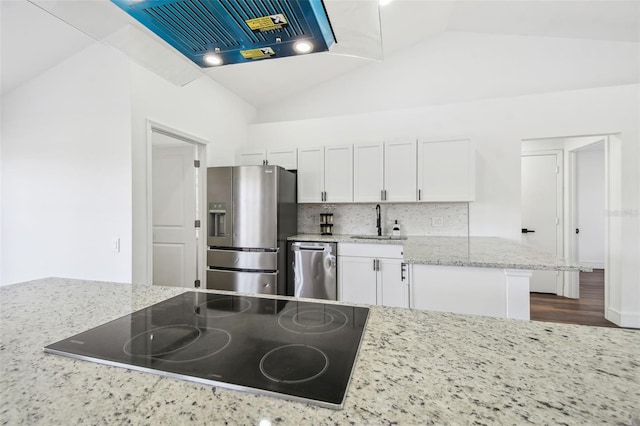 kitchen featuring sink, vaulted ceiling, appliances with stainless steel finishes, light stone countertops, and white cabinets