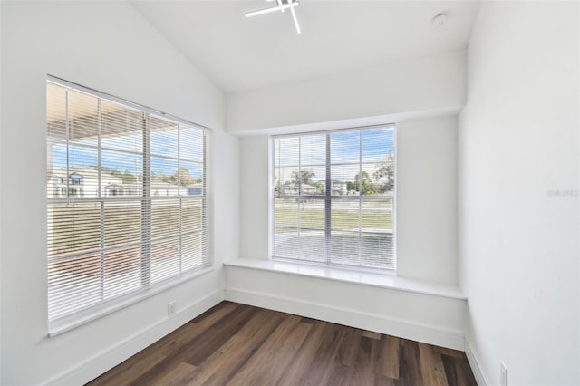 interior space with dark wood-type flooring and vaulted ceiling