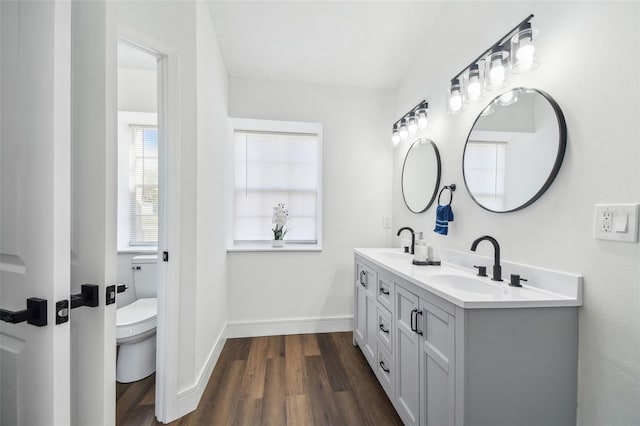 bathroom with vanity, wood-type flooring, and toilet