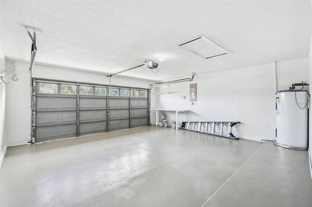 garage featuring a garage door opener, electric panel, and electric water heater