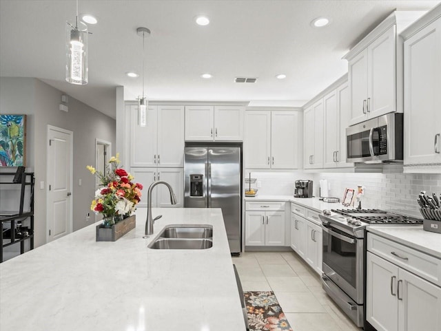 kitchen with white cabinets, hanging light fixtures, sink, appliances with stainless steel finishes, and tasteful backsplash