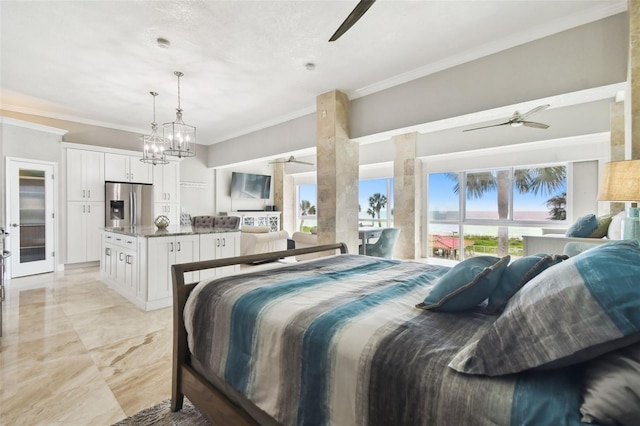 bedroom with stainless steel fridge, crown molding, and ceiling fan with notable chandelier