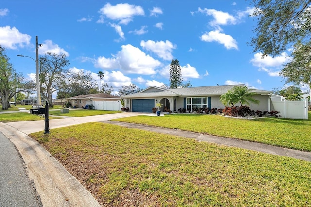 single story home featuring a front lawn and a garage