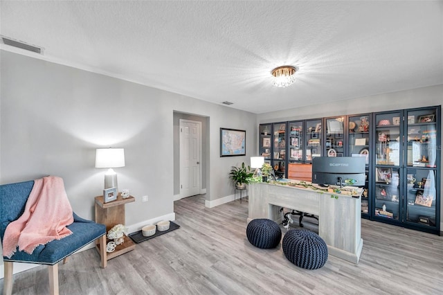 office area featuring a textured ceiling and light hardwood / wood-style flooring