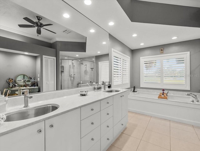 bathroom with ornamental molding, vanity, ceiling fan, independent shower and bath, and tile patterned flooring