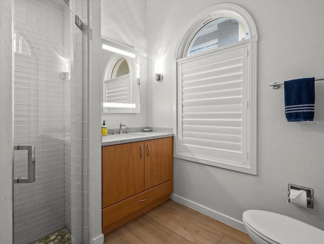 bathroom featuring vanity, wood-type flooring, an enclosed shower, and toilet