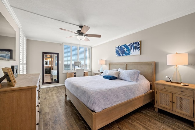 bedroom with crown molding, ceiling fan, and dark wood-type flooring