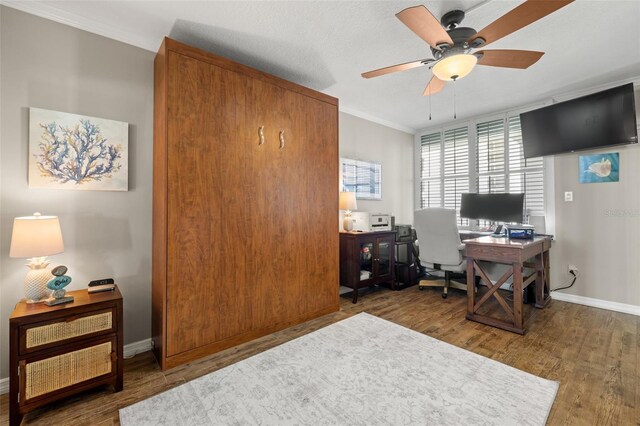 office featuring ceiling fan, dark wood-type flooring, a textured ceiling, and ornamental molding