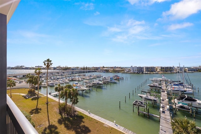 view of water feature with a boat dock