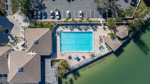 drone / aerial view featuring a water view