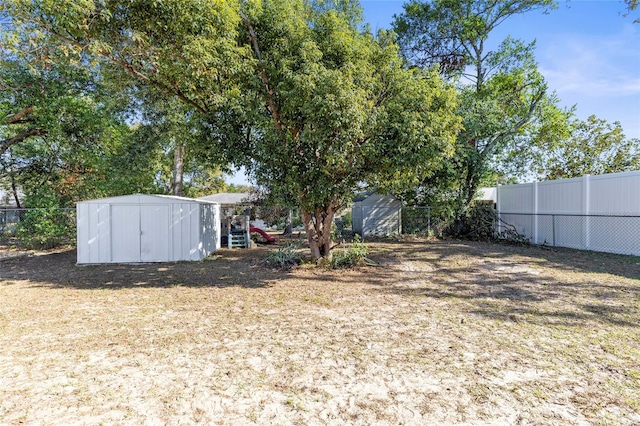 view of yard with a storage shed