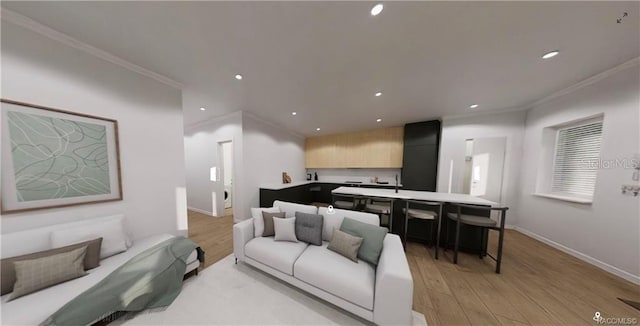 living room featuring crown molding and light wood-type flooring