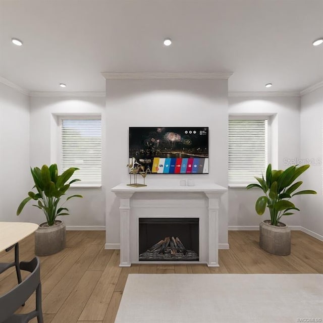 living room featuring light wood-type flooring and crown molding