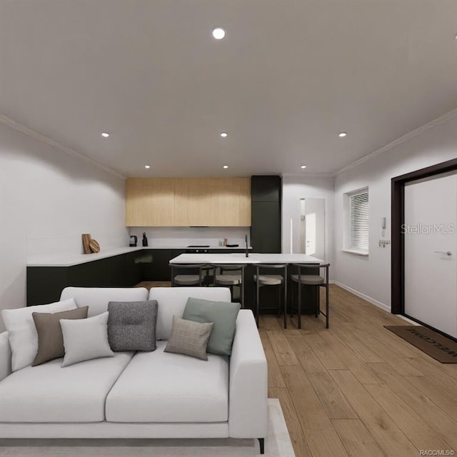 living room with crown molding, sink, and light hardwood / wood-style floors