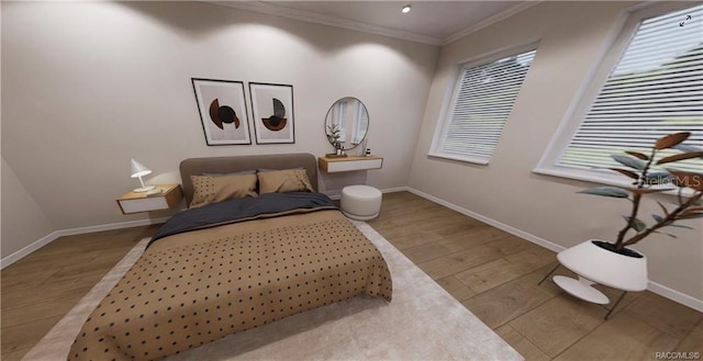 bedroom with wood-type flooring and crown molding