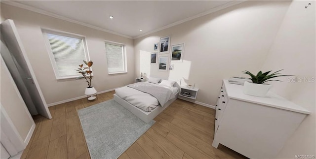 bedroom featuring ornamental molding and light wood-type flooring