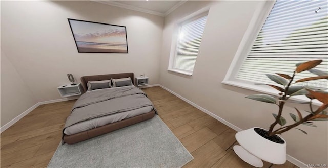 bedroom with hardwood / wood-style flooring and crown molding