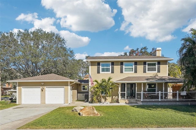 view of front of property featuring a garage, a porch, and a front lawn