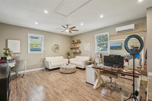 13945 75th Ave, Seminole, FL 33776 - office area with an AC wall unit, wood finished floors, plenty of natural light, a ceiling fan, and recessed lighting