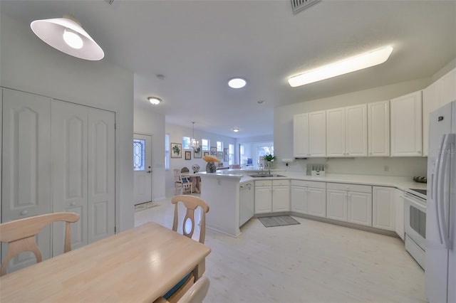 kitchen with pendant lighting, white appliances, white cabinetry, sink, and kitchen peninsula