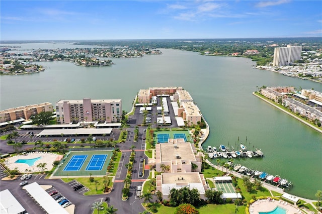 bird's eye view with a water view