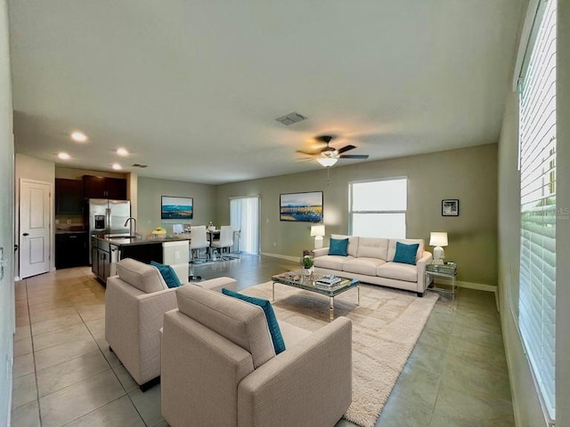 13621 Willow Bluestar Loop, Riverview, FL 33579 - living room featuring ceiling fan, recessed lighting, and light tile patterned flooring