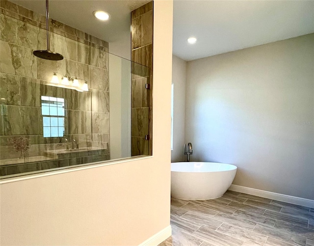 bathroom featuring plus walk in shower