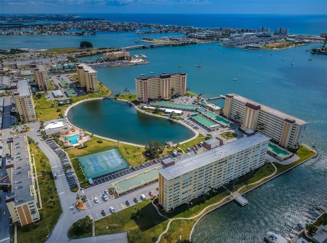 drone / aerial view with a water view