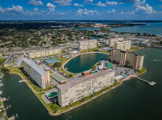 bird's eye view with a water view